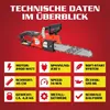 A product image featuring a chainsaw with technical specifications listed below. Produktbild-Vorschau