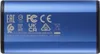 The image shows the back of a blue external SSD drive with various certification logos and text printed on it. Produktbild-Vorschau