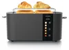 A modern, dark gray toaster with two croissants and two slices of toast on a wire rack, displayed on a white background. Podgląd zdjęcia produktu