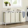 A laundry basket with four compartments and a shelf on top, placed in a laundry room setting. Produktbild-Vorschau
