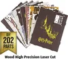 A collection of flat, unassembled parts for a Harry Potter themed model kit, fanned out on a white background. A golden badge with 'DIY 202 PARTS' is in the lower left corner. The largest piece shows the Hogwarts castle and 'Harry Potter' logo. Produktbild-Vorschau