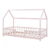 A pink and white house-shaped bed frame with a slatted base, shown from a side-front angle against a white background. Anteprima dell’immagine prodotto
