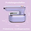 A product shot of a purple handheld garment steamer with dimensions indicated. Produktbild-Vorschau