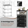 A marketing image showing a black fabric drawer storage unit with a wooden top, alongside a line drawing of a similar unit. Text in German highlights safety features. Náhled obrázku produktu