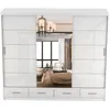 A white sliding door wardrobe with a mirrored center panel, reflecting a bedroom interior. Produktbild-Vorschau