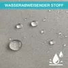 Close-up of a gray fabric with water droplets on it, indicating water-repellent properties. A teal banner at the top displays text. Produktbild-Vorschau
