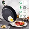 A frying pan with an egg cooking in it, placed over a plate of food, with feature callouts on the side. Produktbild-Vorschau