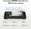 A smartphone with its internal components exposed, highlighting battery capacity and charging speed, with feature icons below. Produktbild-Vorschau