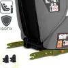 Close-up view of the ISOFIX connectors and safety labels on a car seat. Náhled obrázku produktu