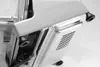 A close-up, low-angle view of the bottom and side of a stainless steel meat slicer. Náhľad obrázku produktu