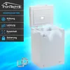 A white chest freezer with its lid open, emitting steam, against a bright blue background with ice cubes in the foreground. A sidebar lists product features. Produktbild-Vorschau