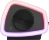 A close-up side view of a black soundbar with RGB lighting. Voir les images du produit