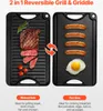 A split image showing a reversible grill and griddle. The left side shows the ribbed side with steak and tomatoes, and the right side shows the flat side with sausages and an egg. Text describes the uses of each side. Náhľad obrázku produktu
