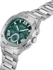 A close-up, angled view of a men's wristwatch with a green dial and silver metal band, set against a white background. Produktbild-Vorschau