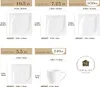 A diagram showing the dimensions of various pieces of porcelain tableware, including plates and a mug, with a brand logo. Produktbild-Vorschau
