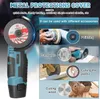 A collage of images showing a mini angle grinder and its various uses with different accessories. Produktbild-Vorschau