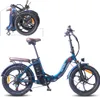 A blue folding electric bicycle is shown against a white background. A smaller inset image shows the bicycle folded. Produktbild-Vorschau