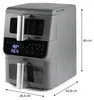 A gray dual-basket air fryer with a digital display and control panel, shown from a side-front angle. Dimensions are indicated with lines and text. Anteprima dell’immagine prodotto