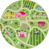 A circular rug depicting a farm landscape with various elements like horses, a castle, a windmill, a tractor, and a pond. Anteprima dell’immagine prodotto