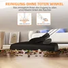 A vacuum cleaner head is shown cleaning debris from a wooden floor under a piece of furniture. Text overlays describe the vacuum's cleaning capabilities. Produktbild-Vorschau