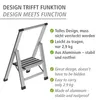 A silver aluminum step stool with text highlighting its features. Náhled obrázku produktu