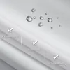 Close-up of white fabric with water droplets and text indicating features. Produktbild-Vorschau
