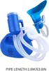 A blue portable urinal for men with a white hose and funnel. Produktbild-Vorschau