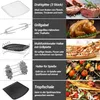 Collage of different accessories for an air fryer, with descriptive text and accompanying food images. Podgląd zdjęcia produktu