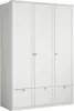 A white three-door wardrobe with three drawers at the bottom, shown from the front. Produktbild-Vorschau