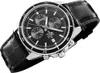 A close-up studio shot of a men's wristwatch with a black dial and black leather strap. Produktbild-Vorschau