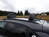 Two ski/snowboard carriers are mounted on the roof of a car, parked in a natural, outdoor setting with trees and houses in the background. Produktbild-Vorschau