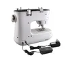 A white sewing machine with black and silver accents, shown with its power adapter and foot pedal. Produktbild-Vorschau