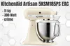 A cream-colored KitchenAid Artisan stand mixer is shown against a white and light gray hexagonal background. Produktbild-Vorschau