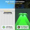 A split image showing solar wall lights charging in sunlight on the left and illuminating in green light at night on the right, with text overlays describing features. Produktbild-Vorschau