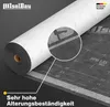A roll of Isolbau Unterspannbahn Dach SPB 135 SKS is shown, with a magnified view highlighting its texture and markings. Text indicates high aging resistance and German quality. Produktbild-Vorschau