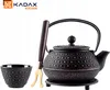 A black cast iron teapot and cup set with a wooden handle and a gold accent, presented on a white background. Podgląd zdjęcia produktu