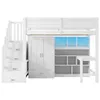 A white loft bed with integrated storage, including a wardrobe, shelves, and a desk. Voir les images du produit