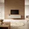 A modern living room with a TV mounted on a slatted wooden wall, a floating media console, and a fluffy rug. Anteprima dell’immagine prodotto