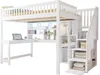 A white loft bed with an integrated desk and storage stairs against a white background. Produktbild-Vorschau