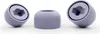 Three purple earbud tips are displayed against a white background. Two are angled to show the hexagonal opening, and one is shown from the side. Produktbild-Vorschau