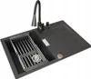 A black granite composite kitchen sink with a flexible faucet and a drying rack. Produktbild-Vorschau