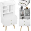 Collage of a white Scandinavian-style nightstand with drawers and shelves, shown from different angles and with some decorative items. Podgląd zdjęcia produktu