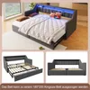 A collage of images showing a sofa bed with LED lighting, its pull-out bed mechanism, and the bed frame. Náhled obrázku produktu