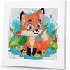A diamond painting kit featuring a cartoon fox sitting in a garden. Produktbild-Vorschau