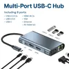 A multi-port USB-C hub with various ports and cables shown, along with text describing its features. Produktbild-Vorschau