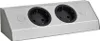 A stainless steel power strip with two outlets and two circular buttons. Voir les images du produit