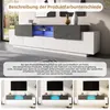 A modern TV stand with RGB lighting, shown in a living room setting and in three different lighting conditions. Náhľad obrázku produktu