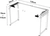 A white adjustable desk frame is shown from a diagonal angle against a white background. Dimensions are indicated with text overlays. Voir les images du produit