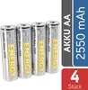 Four AA rechargeable batteries are lined up in front of a gray and blue background with text. Produktbild-Vorschau