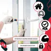 A person's hands wearing white gloves are shown installing or repairing a white window handle with a screwdriver. Icons and text describing product features are overlaid on the right and bottom of the image. Anteprima dell’immagine prodotto